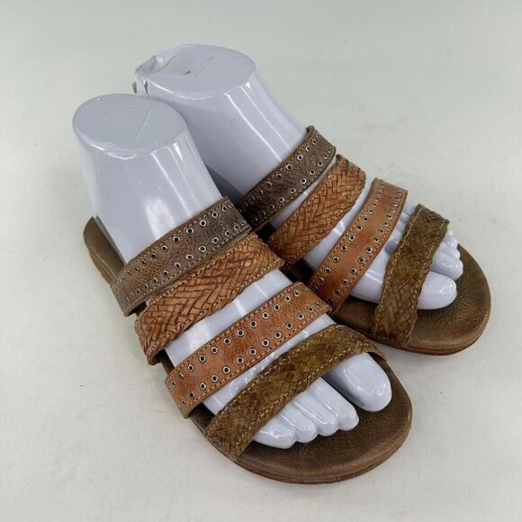 Bed Stu Henna Women's Sandals US 6.5 Brown Strappy Woven Leather Studded Slide - Picture 5 of 11